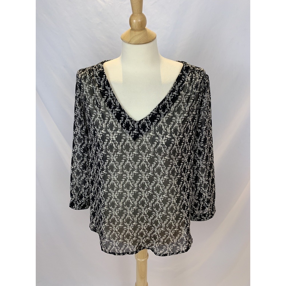 Alice Blue Stitch Fix Semi Sheer Blouse Women's Size Medium Black Gold Thread